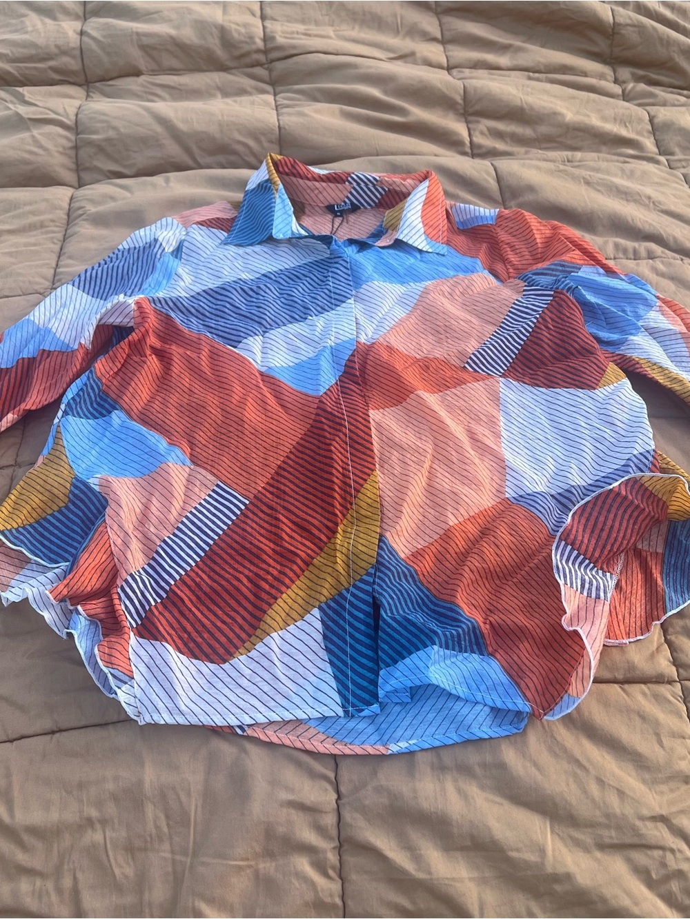 NWT Lior Paris Abstract Geometric Orange/Blue Asymmetrical Hem Happy Blouse